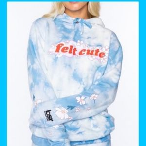 New "Felt Cute" Graphic Blue Tie Dye Hoodie bsr By Samii Ryan Size Small